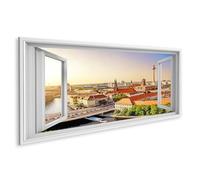 islandburner Image sur toile - Skyline de Berlin au coucher du soleil vue depuis une fenêtre ouverte - 120 x 40 cm