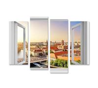 islandburner Image sur toile - Skyline de Berlin au coucher du soleil vue depuis une fenêtre ouverte - 130 x 80 cm