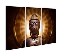 islandburner Image sur toile Statue de Bouddha avec halo doré pour décoration murale spirituelle - 3 pièces - Edition W3