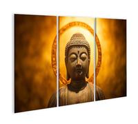 islandburner Image sur toile Statue de Bouddha avec halo doré pour décoration murale spirituelle - 3 pièces - Edition U1