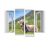 islandburner Image sur toile Vache allongée devant une fenêtre ouverte dans les montagnes Images murales Poster