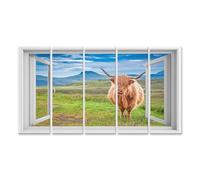 islandburner Image sur toile Vache devant une fenêtre ouverte avec paysage de colline en arrière-plan Images murales Poster