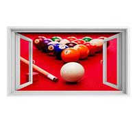 islandburner Image sur toile - Vue de fenêtre - Billard - Boule de billard - Queue - Boules colorées dans le triangle - Craie - Table en tissu rouge - Effet fabuleux - Toile murale XCLE