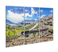 islandburner Impression sur toile 3 parties Motif voyage en train sur un vieux pont ferroviaire dans un paysage pittoresque 130 x 80 cm