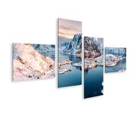 islandburner Impression sur toile 4 pièces Village d'hiver dans le fjord au coucher du soleil avec montagnes enneigées - Toile 150 x 80 cm