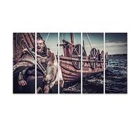 islandburner Impression sur toile avec épée de guerrier viking debout près de Drakkar Seashore