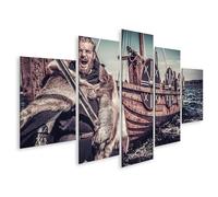islandburner Impression sur toile avec épée de guerrier viking debout près de Drakkar Seashore