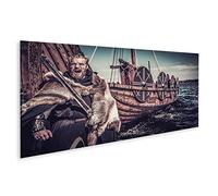 islandburner Impression sur toile avec épée de guerrier viking debout près de Drakkar Seashore
