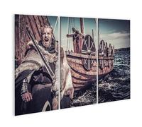 islandburner Impression sur toile avec épée de guerrier viking debout près de Drakkar Seashore