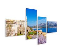 islandburner Impression sur toile - Belle vue sur la côte avec fleurs et église historique - Toile 150 x 80 cm - 4 pièces