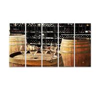 islandburner Impression sur toile Cave à vin avec table de dégustation et bouteilles de vin - Toile 160 x 80 cm - 5 pièces XXL