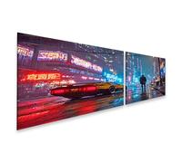 islandburner Impression sur toile Cyberpunk Night City Scène Pluie Lumières Voiture Homme Marcher - Toile 160 x 40 cm - 2 pièces