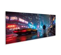 islandburner Impression sur toile Cyberpunk Night City Scène Pluie Lumières Voiture Homme Marcher - Toile 120 x 40 cm - Panorama