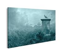islandburner Impression sur toile de qualité supérieure - Corbeau sur pierre tombale dans un cimetière brumeux avec chauves-souris dans un arrière-plan