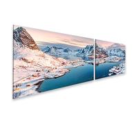 islandburner Impression sur toile en 2 parties Motif village d'hiver dans le fjord au coucher du soleil avec montagnes enneigées 160 x 40 cm