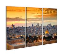 islandburner Impression sur toile en 3 parties Motif coucher de soleil sur la vieille ville de Jérusalem 130 x 80 cm