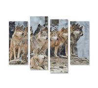 islandburner Impression sur toile en 4 parties représentant une meute de loups dans la forêt d'hiver debout et allongé sur une colline - 130 x 80 cm