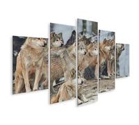 islandburner Impression sur toile en 5 parties représentant une meute de loups dans la forêt d'hiver debout et couché sur une colline - Toile 170 x 80 cm