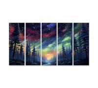 islandburner Impression sur toile Forêt de pins Ciel étoilé aurores boréales - Toile 160 x 80 cm - 5 pièces XXL