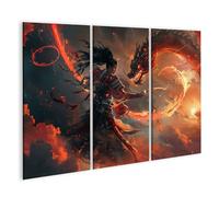 islandburner Impression sur toile Guerrier contre les dragons dans la mer de flammes - Toile 130 x 80 cm - 3 pièces