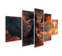 islandburner Impression sur toile Guerrier contre les dragons dans la mer de flammes - Toile 170 x 80 cm - 5 pièces