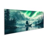islandburner Impression sur toile Motif aurores boréales sur un bateau viking - Toile 120 x 40 cm - Panorama