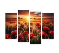islandburner Impression sur toile motif coucher de soleil dans le champ de coquelicot Magnifique paysage pittoresque - Toile 130 x 80 cm - 4 pièces