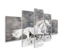islandburner Impression sur toile Motif deux chevaux blancs galopant dans la neige lors d'une belle journée d'hiver - Toile 170 x 80 cm - 5 pièces
