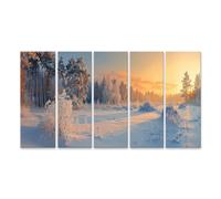 islandburner Impression sur toile Motif forêt d'hiver Lever de soleil Pays des contes de fées Paysage enneigé calme Toile 160 x 80 cm 5 pièces XXL