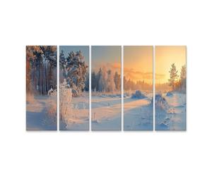 islandburner Impression sur toile Motif forêt d'hiver Lever de soleil Pays des contes de fées Paysage enneigé calme Toile 160 x 80 cm 5 pièces XXL
