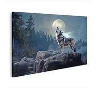 islandburner Impression sur toile motif loup hurlant vers la lune dans la forêt nocturne sous un ciel étoilé - Toile 100 x 57 cm