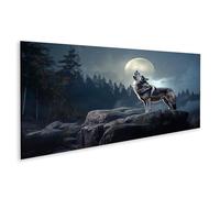 islandburner Impression sur toile Motif loup hurlant vers la lune dans la forêt nocturne sous un ciel étoilé - Toile 120 x 40 cm - Panorama