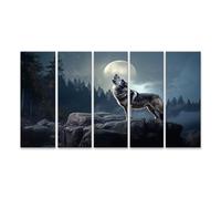 islandburner Impression sur toile motif loup hurlant vers la lune dans la forêt nocturne sous un ciel étoilé - Toile 160 x 80 cm - 5 pièces XXL