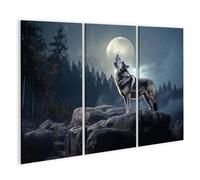 islandburner Impression sur toile motif loup hurlant vers la lune dans la forêt nocturne sous un ciel étoilé - Toile 130 x 80 cm - 3 pièces