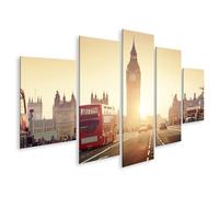 islandburner Impression sur toile Motif trafic sur la route devant l'horloge historique au coucher du soleil - Toile 170 x 80 cm - 5 pièces