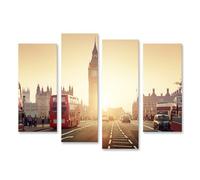 islandburner Impression sur toile Motif trafic sur la route devant l'horloge historique au coucher du soleil - Toile 130 x 80 cm - 4 pièces