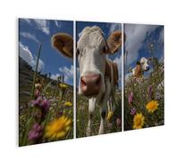 islandburner Impression sur toile Motif vache curieuse dans une prairie alpine en fleurs - Décoration murale pour les amoureux de la nature - 3 pièces