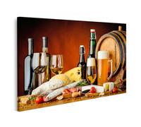 islandburner Impression sur toile Motif vin bière saucisse fromage et tonneau Nature morte 100 x 57 cm