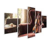 islandburner Impression sur toile - Motif violon nostalgique sur fauteuil en velours - Décoration murale pour salon - Pour les amateurs de musique - 5 pièces