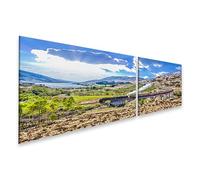 islandburner Impression sur toile Motif voyage en train sur un vieux pont ferroviaire dans un paysage pittoresque - Toile 160 x 40 cm - 2 pièces