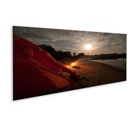 islandburner Impression sur toile panoramique Motif camp de tentes sur la rive de la rivière au clair de lune et feu de camp 120 x 40 cm