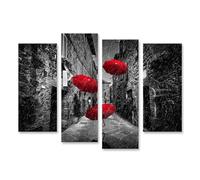 islandburner Impression sur toile Parapluies Vent Pluie Sombre Route Étroite Ville Italienne Toscane - Toile 130 x 80 cm - 4 Pièces