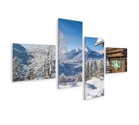 islandburner Impression sur toile - Paysage alpin enneigé avec une cabane en bois rustique Berchtesgaden Watzmann - Toile 150 x 80 cm - 4 pièces