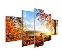 islandburner Impression sur toile - Paysage d'automne avec le soleil - Éclairage chaud - Banc sous un arbre - Nombreuses feuilles d'or et ciel bleu