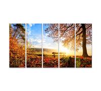 islandburner Impression sur toile - Paysage d'automne avec le soleil - Éclairage chaud - Banc sous un arbre - Nombreuses feuilles d'or et ciel bleu