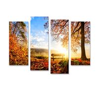 islandburner Impression sur toile - Paysage d'automne avec le soleil - Éclairage chaud - Banc sous un arbre - Nombreuses feuilles d'or et ciel bleu