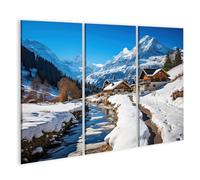 islandburner Impression sur toile Paysage d'hiver avec montagnes et village - Toile 130 x 80 cm - 3 pièces