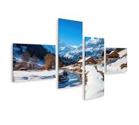 islandburner Impression sur toile Paysage d'hiver avec montagnes et village - Toile 150 x 80 cm - 4 pièces
