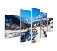 islandburner Impression sur toile Paysage d'hiver avec montagnes et village - Toile 170 x 80 cm - 5 pièces