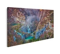 islandburner Impression sur toile Plitvice Cascade Automne - Parc national de Croatie - Crépuscule - Tableau mural